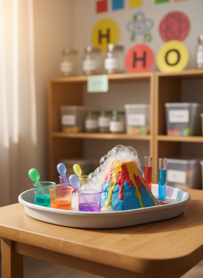 A compact STEM experiment station on a low wooden table with rounded corners, featuring a simple baking-soda-and-vinegar volcano made from smooth, brightly painted clay, mid-eruption with foamy, colored bubbles spilling over the sides. Around it, neatly arranged plastic beakers, droppers, and wide-mouthed test tubes in translucent rainbow hues rest on a silicone tray with soft edges. The background shows blurred shelves of labeled containers and oversized illustrated element symbols. Warm, indirect daylight washes over the scene, making the liquid shimmer and emphasizing glossy textures. Captured at eye level with the volcano slightly off-center following the rule of thirds, in crisp photographic realism. The atmosphere feels curious, playful, and safe, like a joyful discovery moment in a summer science lab.