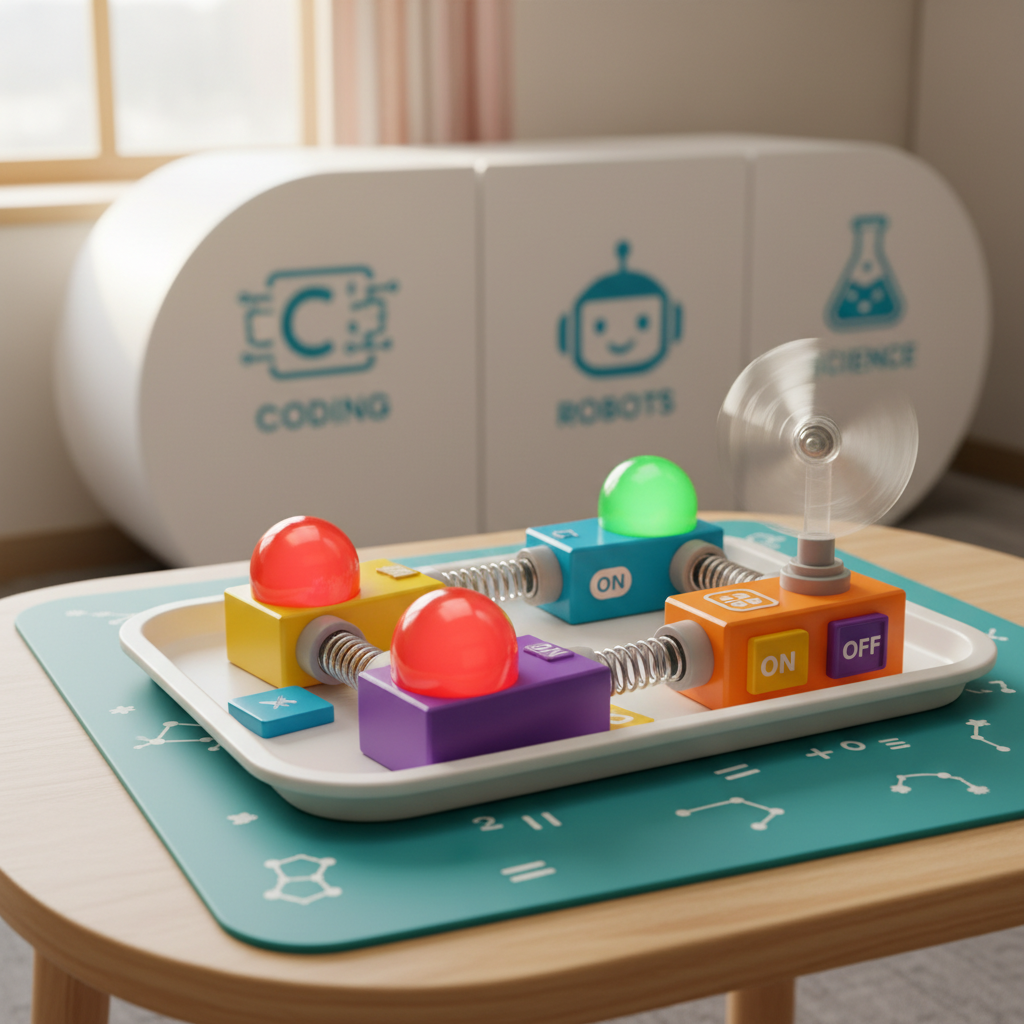 A playful electronics discovery tray on a low, rounded-edge table, featuring oversized snap-together circuit components in vivid colors: chunky battery holders, big LED domes glowing softly, broad plastic switches, and coiled springs encased in transparent plastic for safety. The pieces form a simple closed circuit that lights a tiny propeller fan, frozen in a slight blur to suggest motion. The tray sits atop a cheerful rubber mat patterned with subtle math symbols and constellations. In the softly blurred background, there are rounded storage cubbies labeled with large, friendly icons for coding, robots, and science. Warm, diffused window light illuminates the glossy surfaces, with soft shadows adding depth. Captured from a close, eye-level view, emphasizing tactile textures and bright colors. The mood is exploratory, hands-on, and gently magical, in a clean, vibrant photographic style.