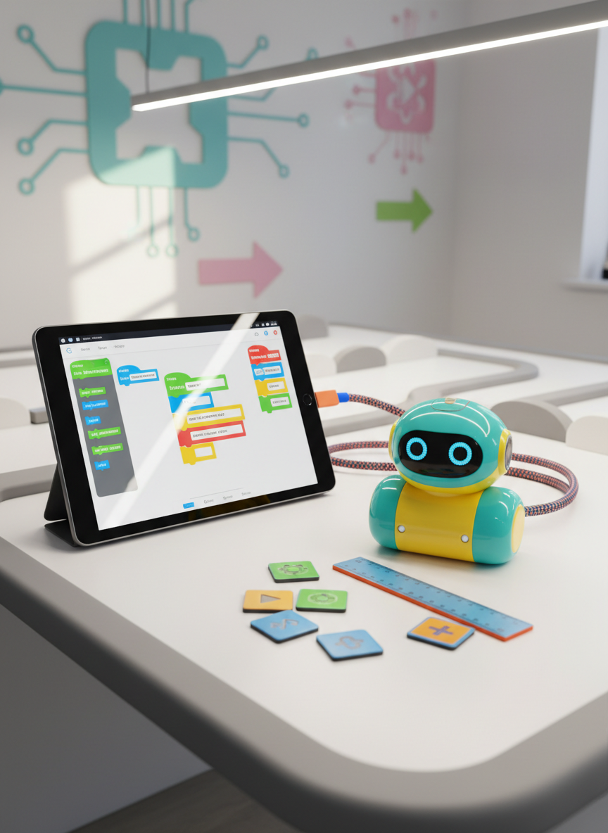 A friendly robotics lab scene on a broad white desk with rubberized edges, featuring a tablet displaying a colorful block-based coding interface, connected by a thick, bright cable to a small wheeled robot with big circular LED eyes and a rounded plastic shell in turquoise and yellow. Around them, scattered but orderly, lie magnetic coding tiles with symbols, a soft-foam ruler, and a simple obstacle course made from curved foam blocks. The backdrop is a blurred wall decorated with oversized, smiling circuit icons and arrows. Natural daylight mixes with soft overhead LEDs, creating crisp highlights on the tablet glass and robot shell while keeping shadows gentle. Photographed from a three-quarters overhead angle, with the tablet and robot in sharp focus and background elements pleasantly bokeh. The atmosphere is playful, futuristic, and empowering, rendered in bright, photographic realism.