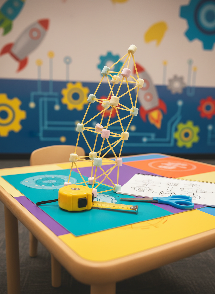 A whimsical engineering corner showcasing a spaghetti-and-marshmallow tower standing proudly on a smooth, brightly colored mat atop a low, kid-safe table. The tower leans slightly yet remains stable, its uncooked spaghetti strands forming triangles and squares, with soft pastel marshmallows at each joint adding playful pops of color. Nearby, a rounded plastic measuring tape, sketch pad with simple hand-drawn blueprints, and chunky, non-sharp scissors rest in casual arrangement. The background softly blurs into a wall mural of abstract gears, rockets, and circuit traces in bright tones. Soft studio lighting from above creates gentle, uniform illumination and minimal shadows. Shot from a low, slightly tilted angle to emphasize height and experimentation. The mood is inventive, lighthearted, and energetic, captured in clean, vibrant photographic style.
