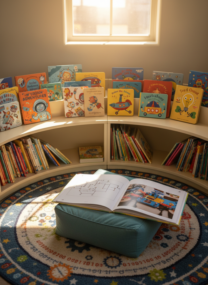 A cozy STEM reading and discovery nook without people, featuring a low, curved bookshelf packed with bright picture books about space, robots, and inventions, each cover illustrated with friendly characters and vivid diagrams. In front of the shelf lies a plush, circular rug patterned with constellations, gears, and binary digits in soft, saturated colors. On the rug sits a small, rounded beanbag cube supporting an open book that shows a simple circuit diagram next to a photograph of a child-safe experiment kit, partially visible. Warm afternoon sun filters through a high window, creating a golden, diffused pool of light across the rug and casting soft-edged shadows from the books. Captured at child-eye level with moderate depth of field, so the central open book is sharp and the rest gradually softens. The mood is calm, curious, and inviting, rendered in clean photographic style.
