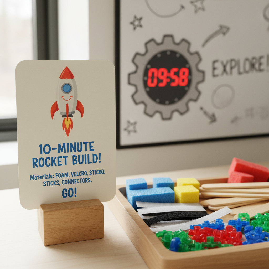 A close-up of an inviting STEM challenge card station: a thick, rounded-corner card printed on matte cardstock, illustrated with a simple cartoon rocket and big, friendly text describing a ten-minute building challenge. The card stands upright in a smooth wooden holder beside a tray of colorful, tactile materials: foam blocks, Velcro strips, jumbo craft sticks, and translucent plastic connectors. The background gently blurs into a wall-mounted timer shaped like a giant, smiling gear and a whiteboard with hand-drawn stars and arrows. Soft side lighting from a nearby window creates delicate shadows and emphasizes textures of paper, foam, and wood. Shot from a slightly elevated angle in photographic realism, with the challenge card in crisp focus. The mood is motivating, playful, and gently structured, suggesting guided exploration without pressure.