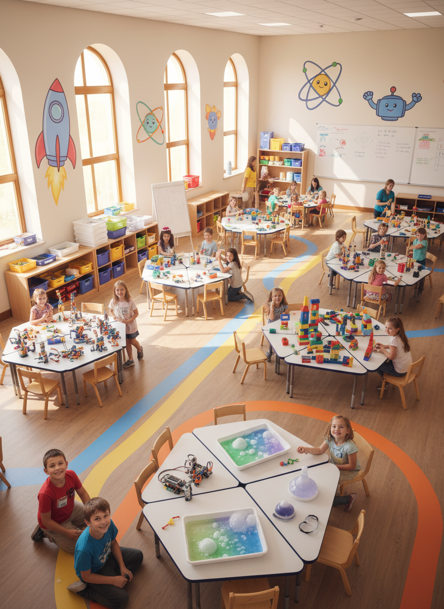 A panoramic bird’s-eye view of a STEM summer camp makerspace room designed for children, with multiple low, rounded tables each dedicated to a theme: one covered in colorful robotics kits, another with bubbling safe chemistry trays, another with building blocks forming simple bridges and towers. The laminated floor has wide, curving paths in bright colors guiding movement, and the walls feature large, playful illustrations of rockets, atoms, and friendly robots, all with soft edges. Light from tall windows floods the room, reflecting cheerfully off glossy plastic containers and whiteboards while remaining soft and welcoming. The entire scene is in sharp focus to showcase abundance and organization. The atmosphere is bustling yet orderly, energetic but safe, captured in high-resolution photographic realism with vibrant tones and whimsical composition.